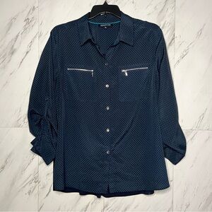 Jones New York Dotted Button Up Navy Blouse Top SZ 2X
